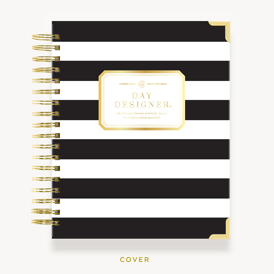 Day Designer 2024 daily planner: Black Stripe hard cover, gold wire binding