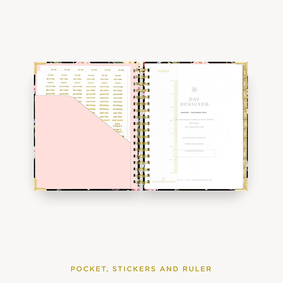 Day Designer 2024 daily planner: Wild Blooms cover with pocket and gold stickers