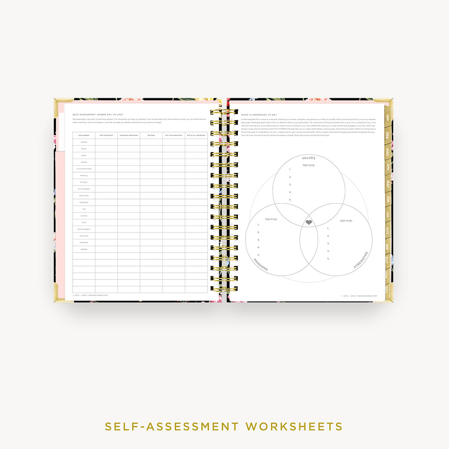 Day Designer 2024 daily planner: Wild Blooms cover with self assessment worksheet