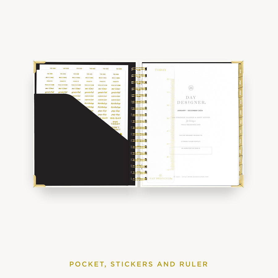 Day Designer 2024 daily planner: Classic Dot cover with pocket and gold stickers