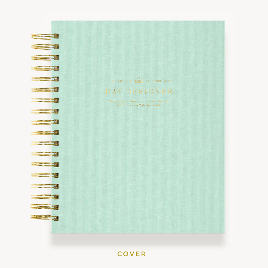 Day Designer 2024 daily planner: Sage Bookcloth hard cover, gold wire binding