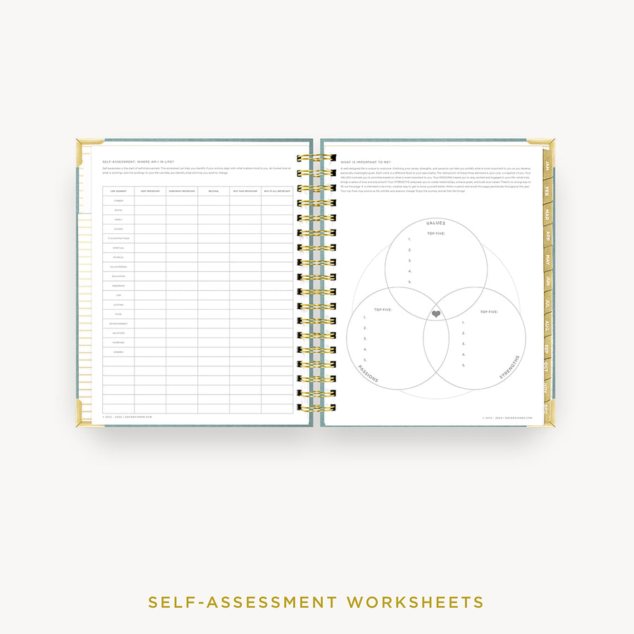 Day Designer 2024 daily planner: Sage Bookcloth cover with self assessment worksheet
