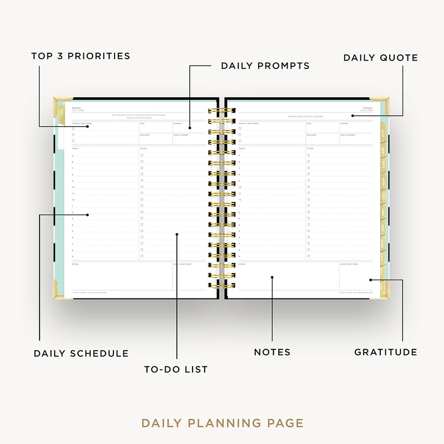 Day Designer 2024-25 daily planner: Black Stripe opened with captions of contents