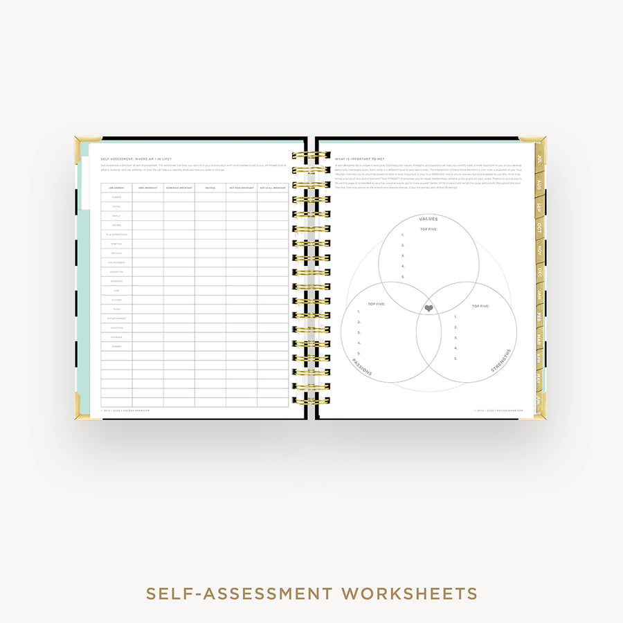 Day Designer 2024-25 daily planner: Black Stripe cover with self assessment worksheet