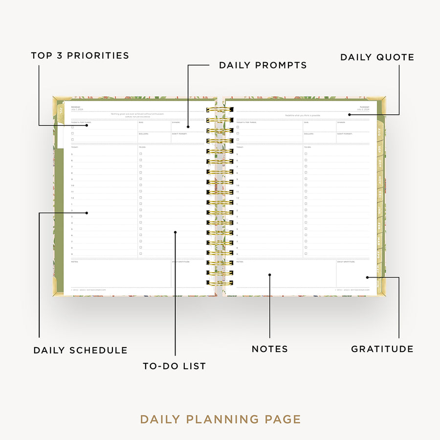Day Designer 2024-25 daily planner: Menagerie opened with captions of contents
