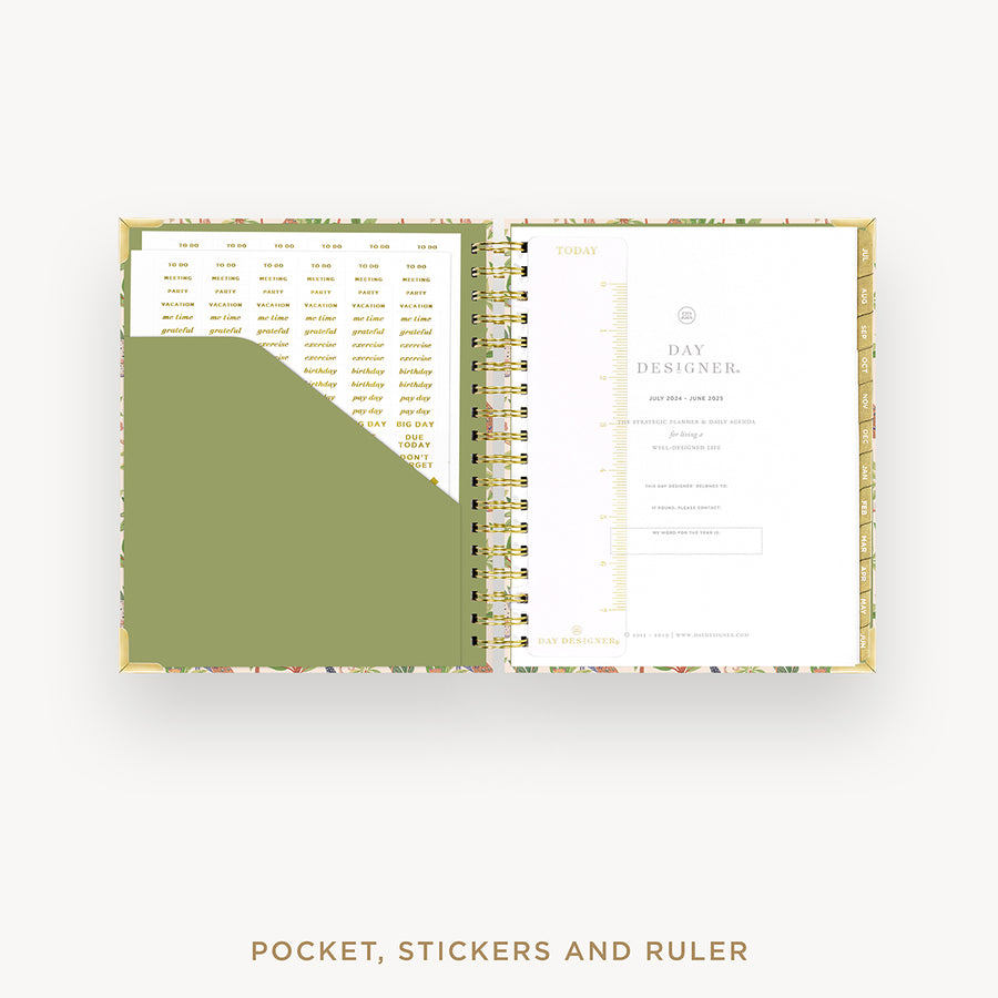 Day Designer 2024-25 daily planner: Menagerie cover with pocket and gold stickers