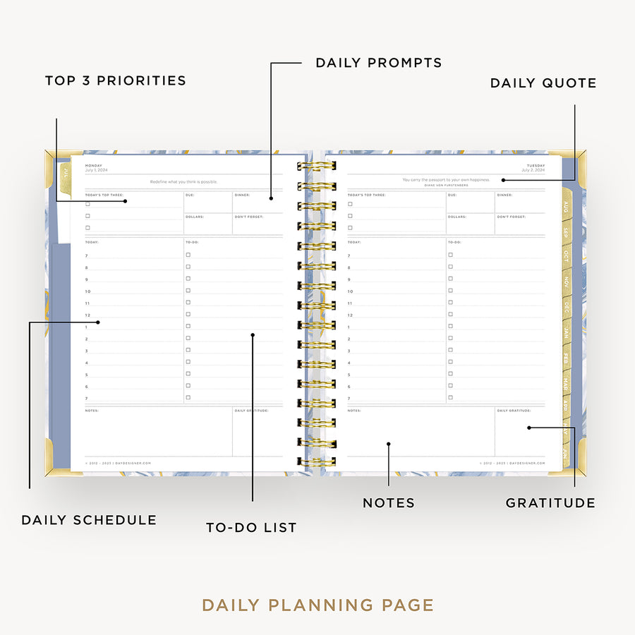 Day Designer 2024-25 mini daily planner: Azure opened with captions of contents