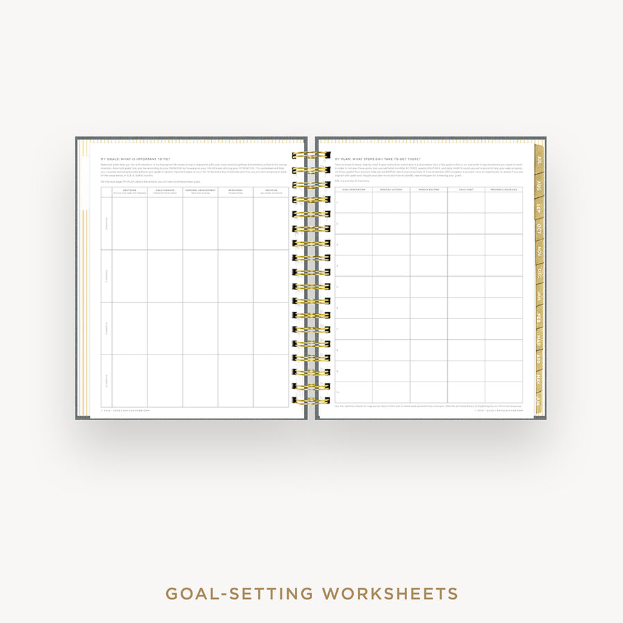 Day Designer 2024-25 daily planner: Charcoal Bookcloth cover with goals worksheet