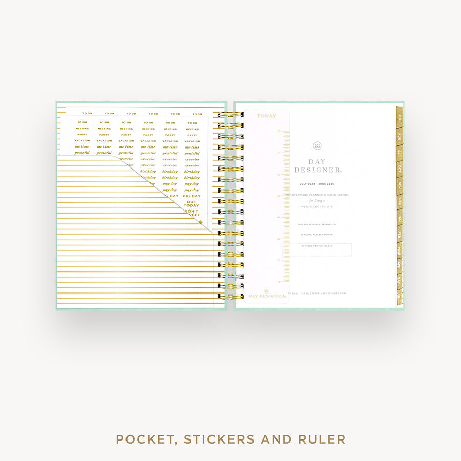 Day Designer 2024-25 daily planner: Sage Bookcloth cover with pocket and gold stickers