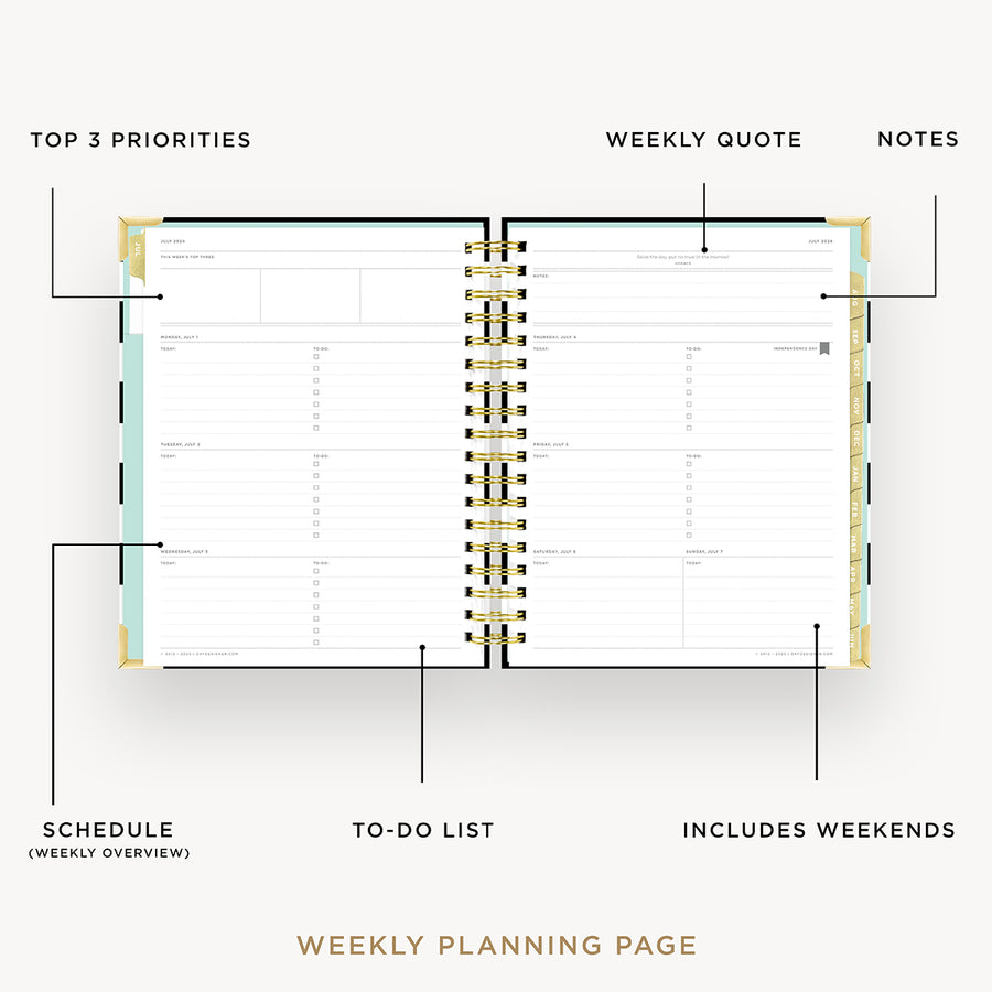 Day Designer 2024-25 weekly planner: Black Stripe opened with captions of contents