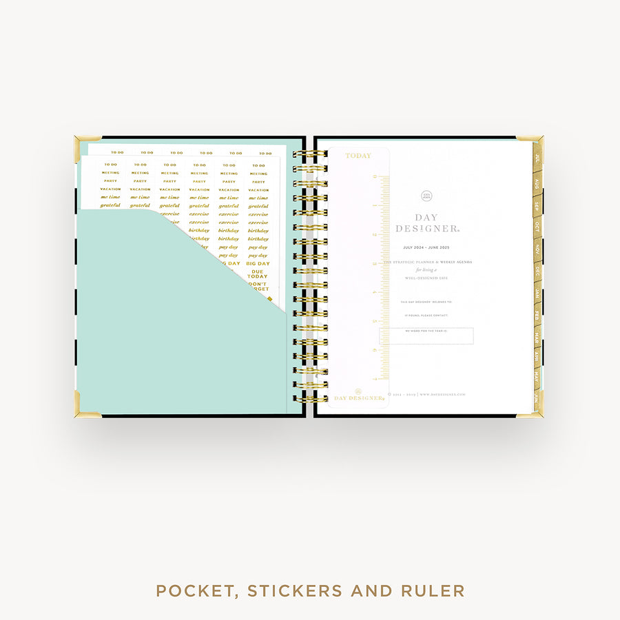 Day Designer 2024-25 weekly planner: Black Stripe cover with pocket and gold stickers