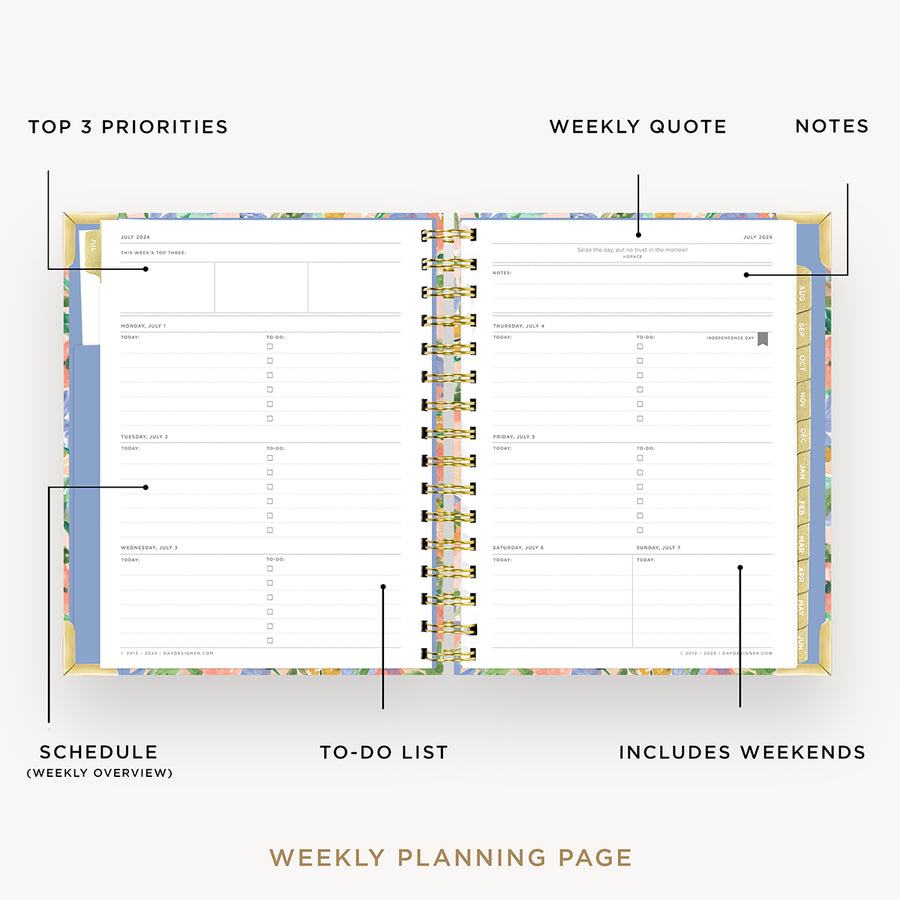 Day Designer 2024-25 mini weekly planner: Lorelei opened with captions of contents