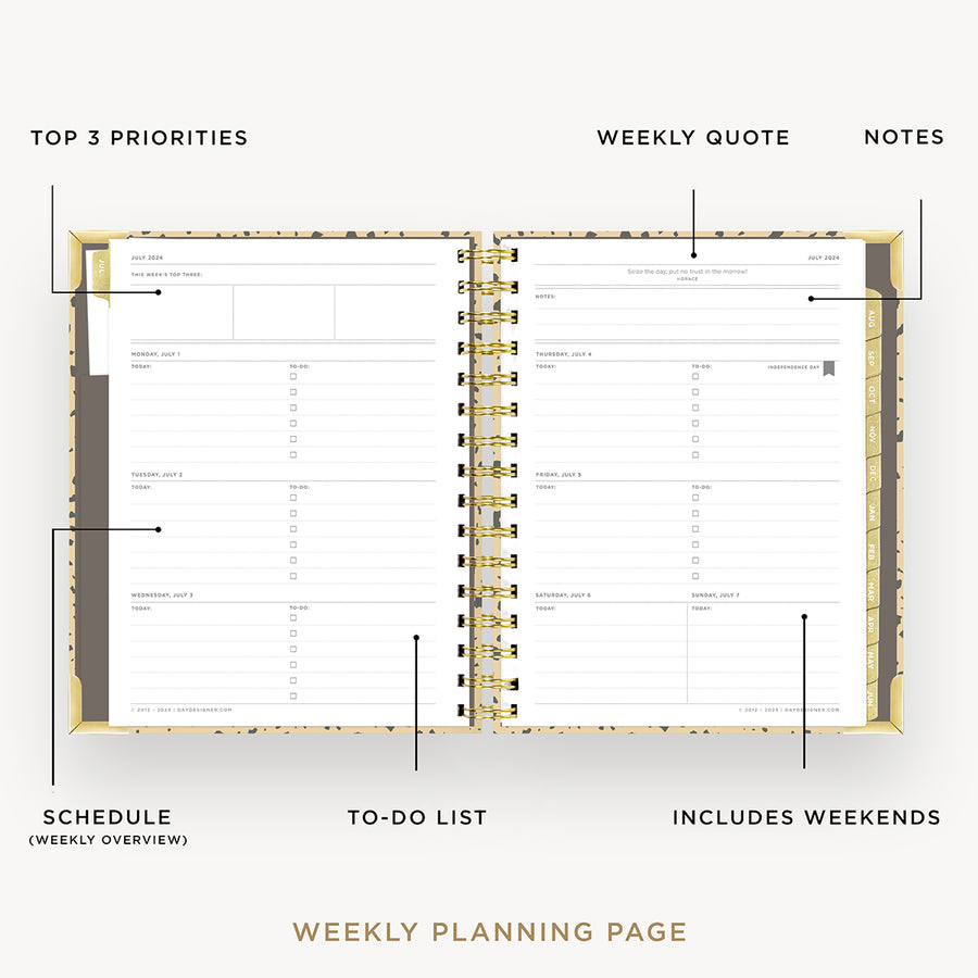 Day Designer 2024-25 mini weekly planner: Savannah opened with captions of contents