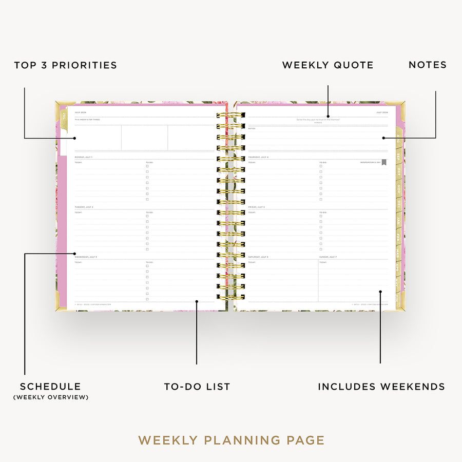 Day Designer 2024-25 weekly planner: Camellia opened with captions of contents