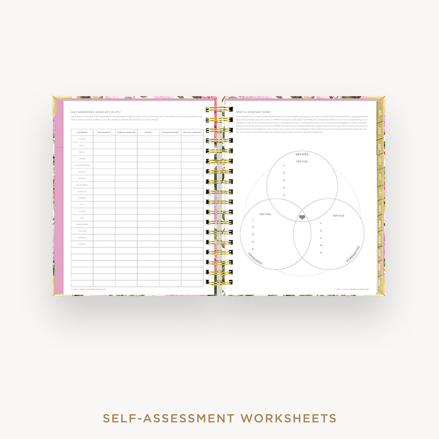 Day Designer 2024-25 weekly planner: Camellia cover with self assessment worksheet