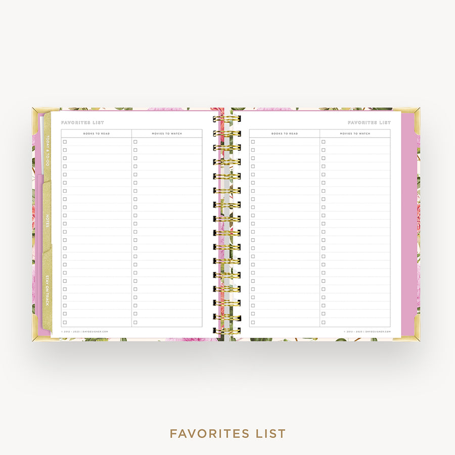 Day Designer 2024-25 mini weekly planner: Camellia cover with favorite books and movies pages
