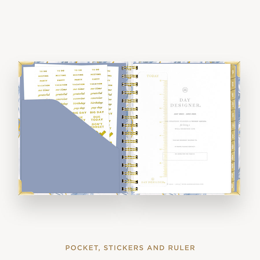 Day Designer 2024-25 mini weekly planner: Azure cover with pocket and gold stickers