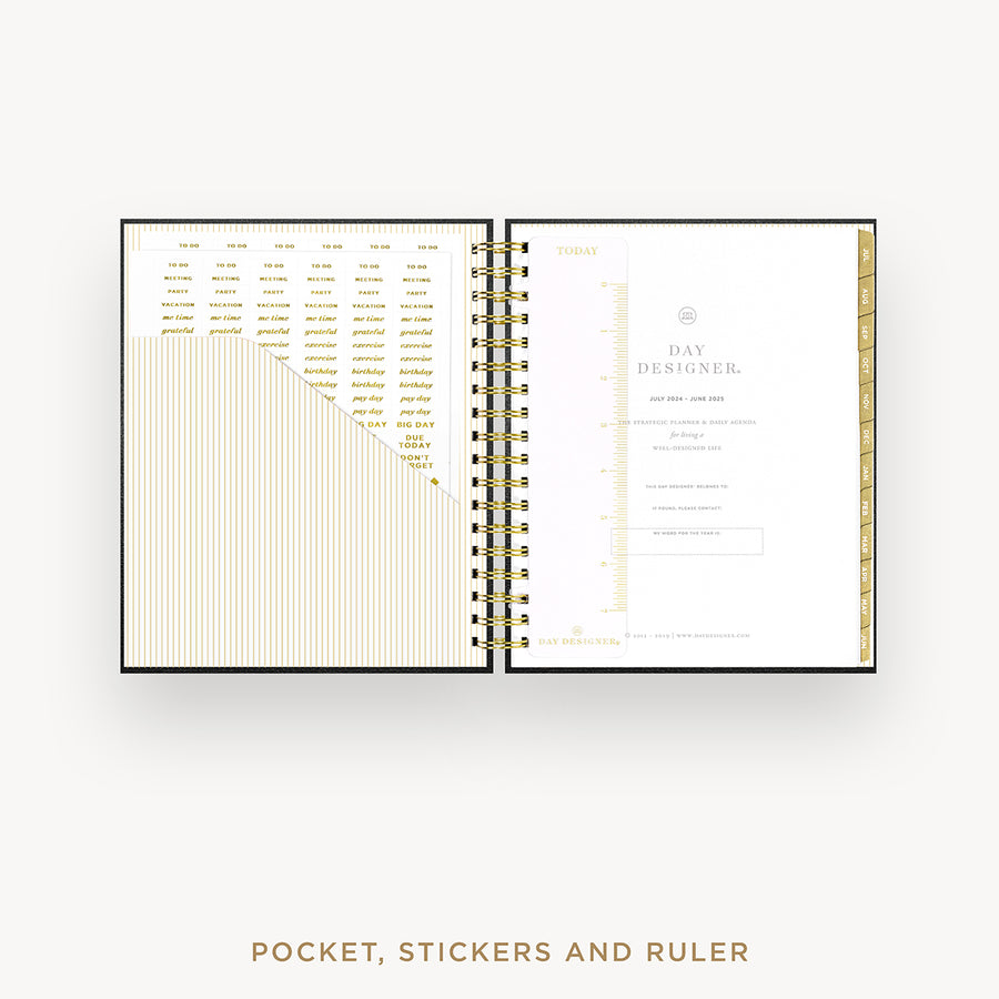 Day Designer 2024-25 daily planner: Black Pebble Texture cover with pocket and gold stickers