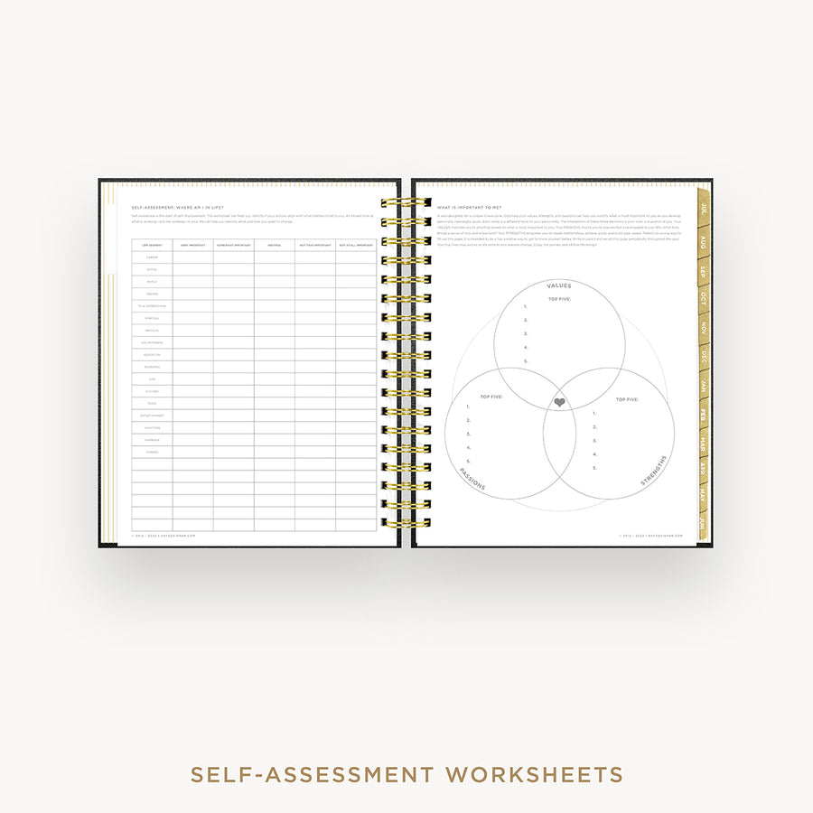 Day Designer 2024-25 daily planner: Black Pebble Texture cover with self assessment worksheet