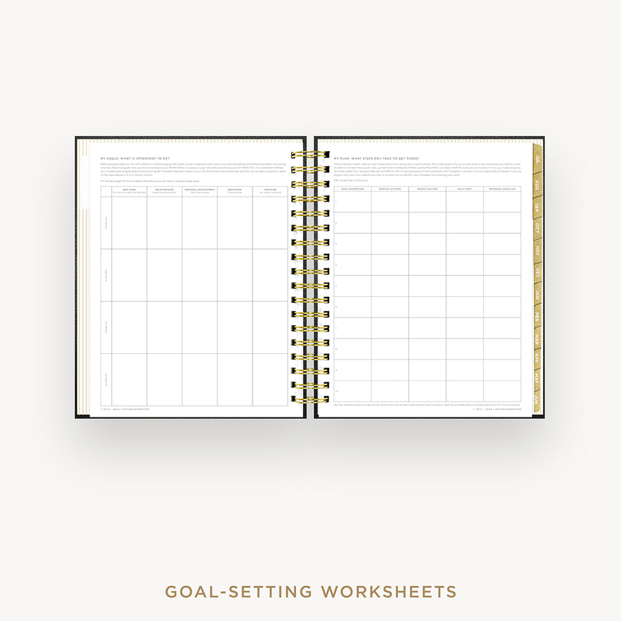 Day Designer 2024-25 daily planner: Black Pebble Texture cover with goals worksheet