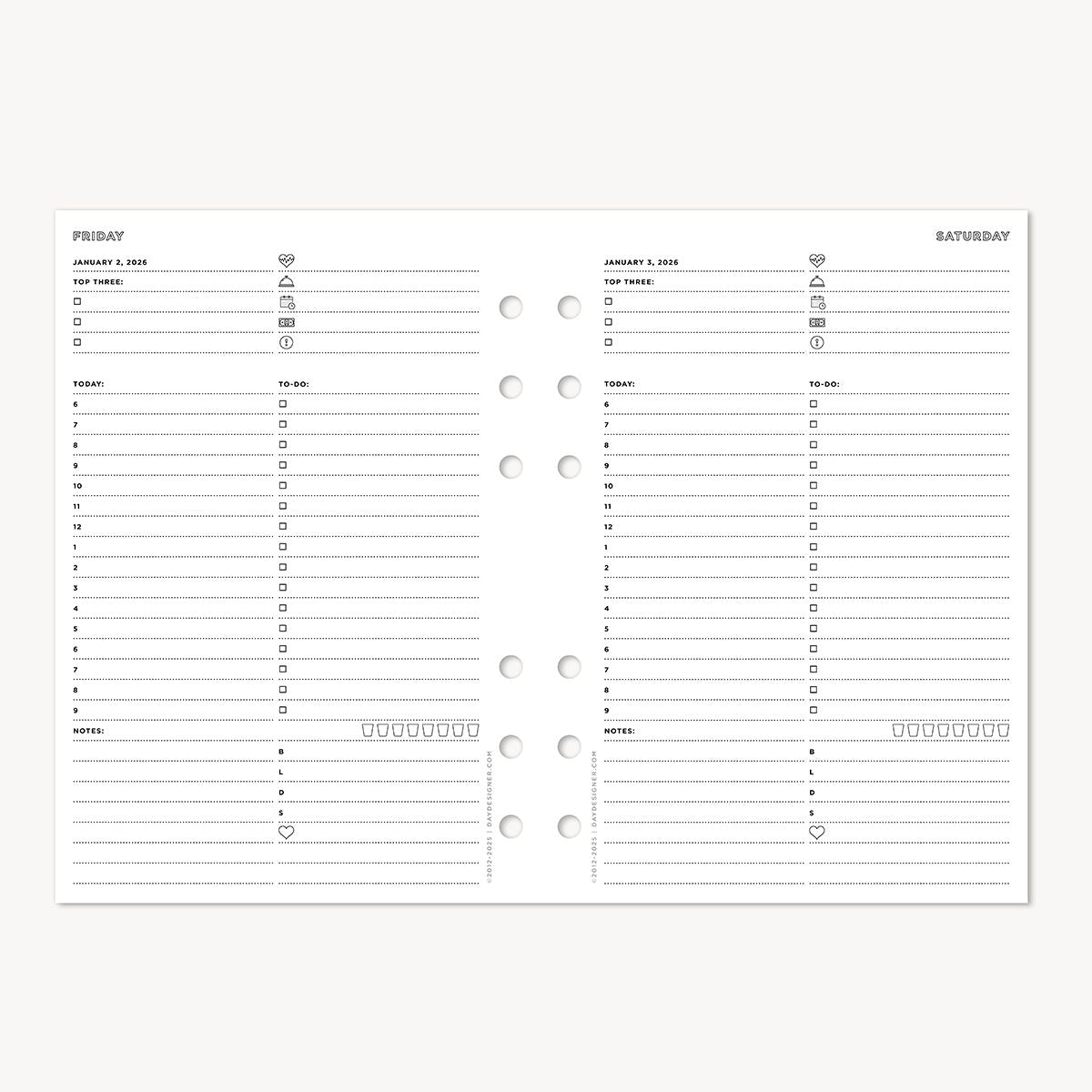 A5 Quarterly Planner Inserts: Dated Day on One Page (Q1 2026: Jan-March)