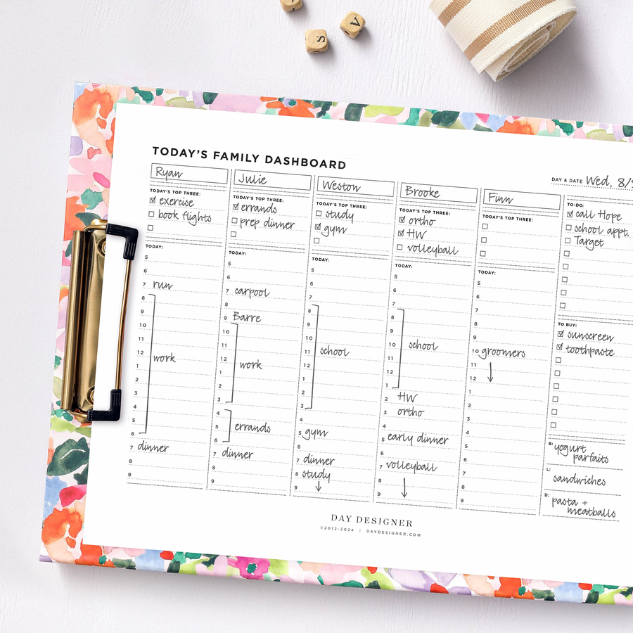 8-1/2 x 11 written on family dashboard printable page shown on a colorful clipfolio