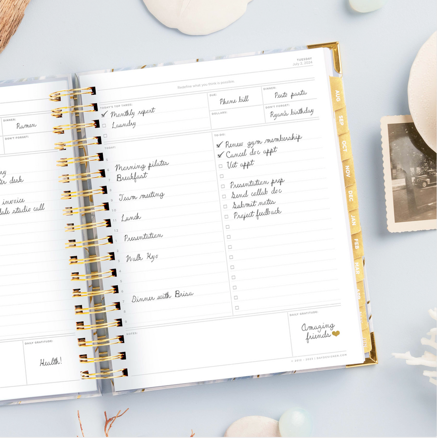 Day Designer 2024-2025 daily planner: Azure opened with writing on it