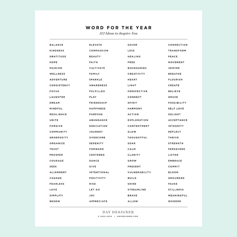 close up Image of word of the year printable on a mint background