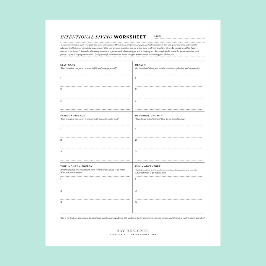 intentionally living worksheet printable on a mint green background