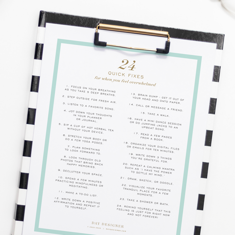 Image of quick fixes for overwhelm printable shown used on a black and white striped printable