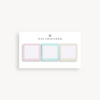 set of three square sticky notes in assorted colors on a white background