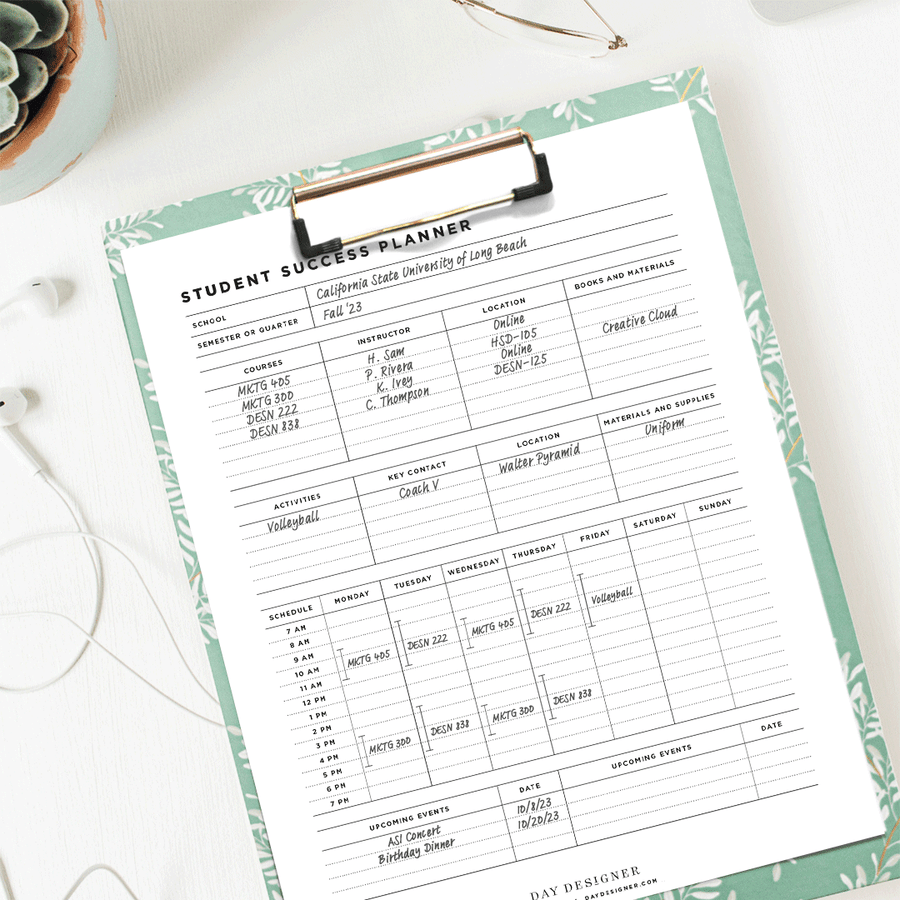 Free Day Designer student success planner printable, written on page  attached to a clipfolio