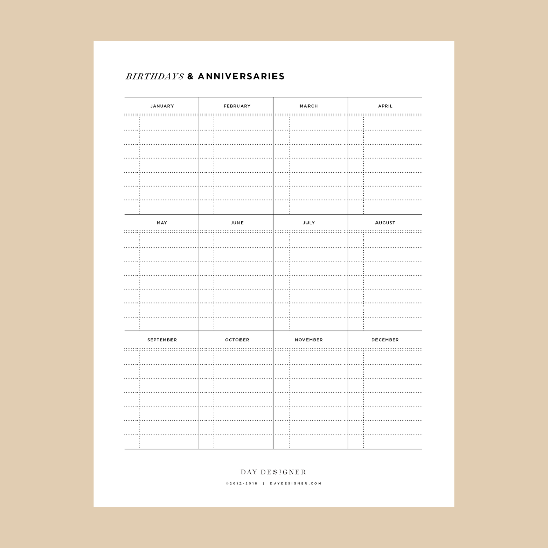 Birthday and Anniversary Printable Calendar | Day Designer birthday-and-anniversary-printable-calendar-day-designer