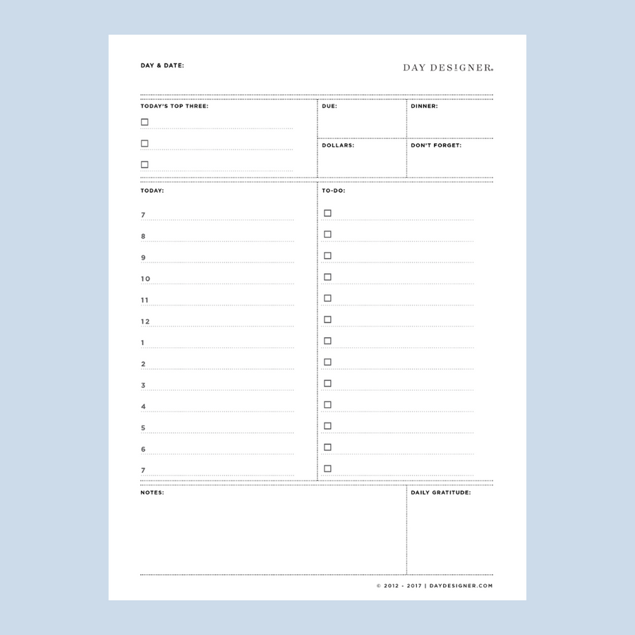 mini daily planning page printable, today's top three, today, to-do columns, notes and more, on a light blue background