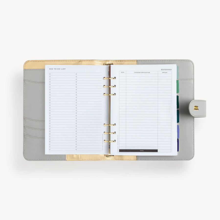A5 gray binder open to show gray and gold liner with big to do list and expenses pages