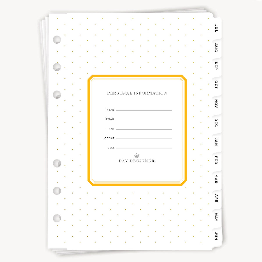 A5 refill title page with personal information lines and monthly tabs