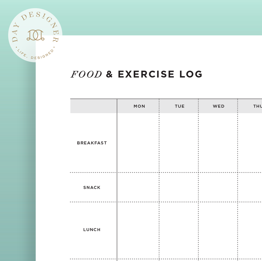 close up Image of food and exercise log printable on a mint background