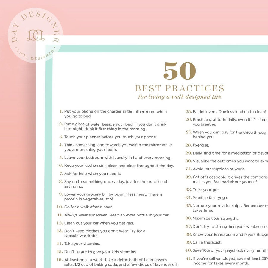 8-1/2 x 11 printable page for 50 best practices for living a well designed life