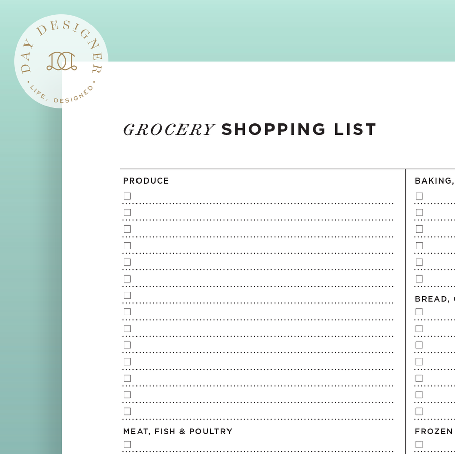 Free Grocery List Printable on a mint background