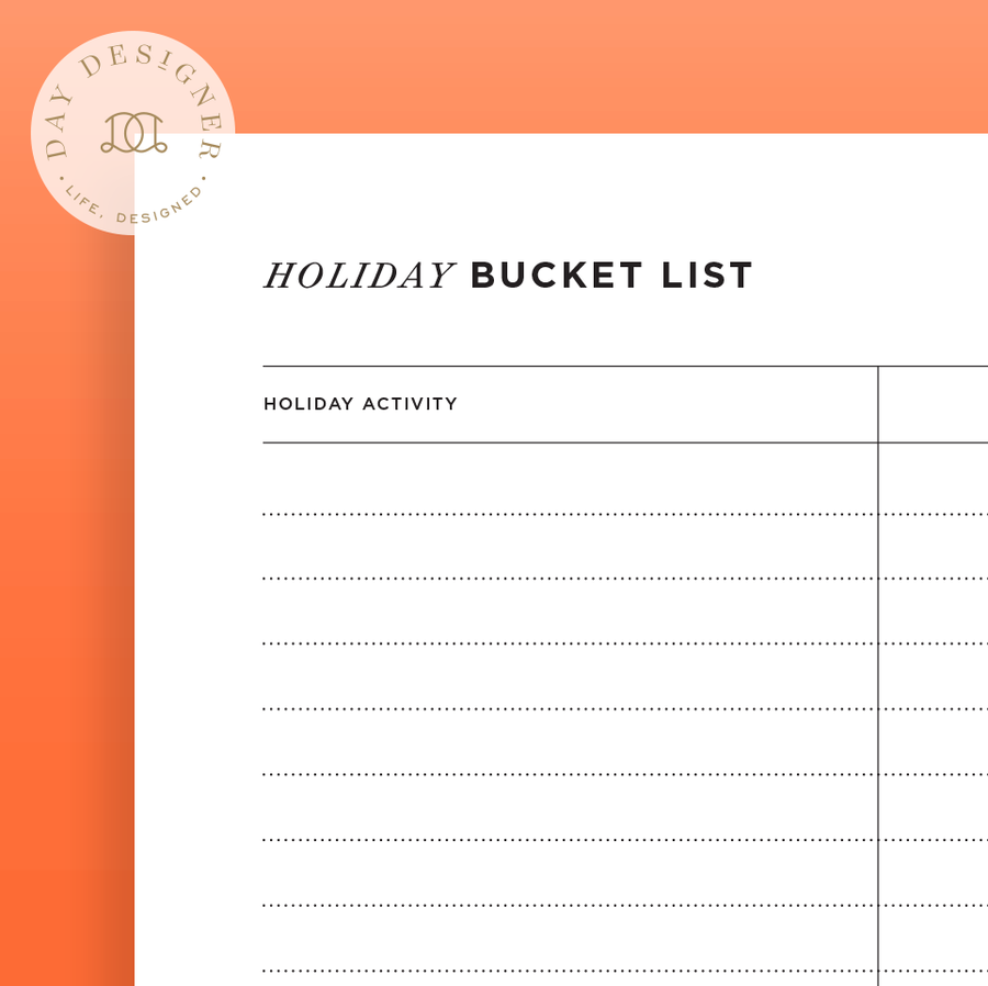 Free Holiday Bucket List Printable on an orange background