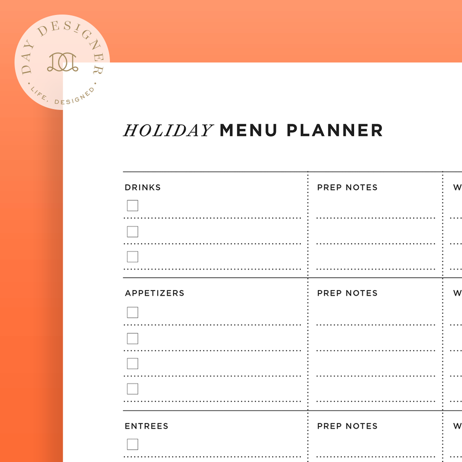 Free Holiday Menu Planner Printable on an orange background