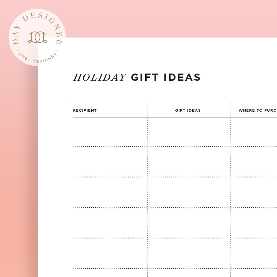 Free Holiday Gift Ideas Printable on a pink background