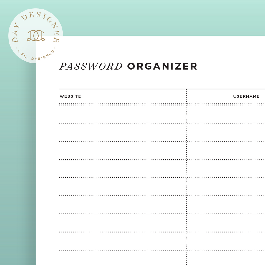 Close up image of password organizer printable on a mint background