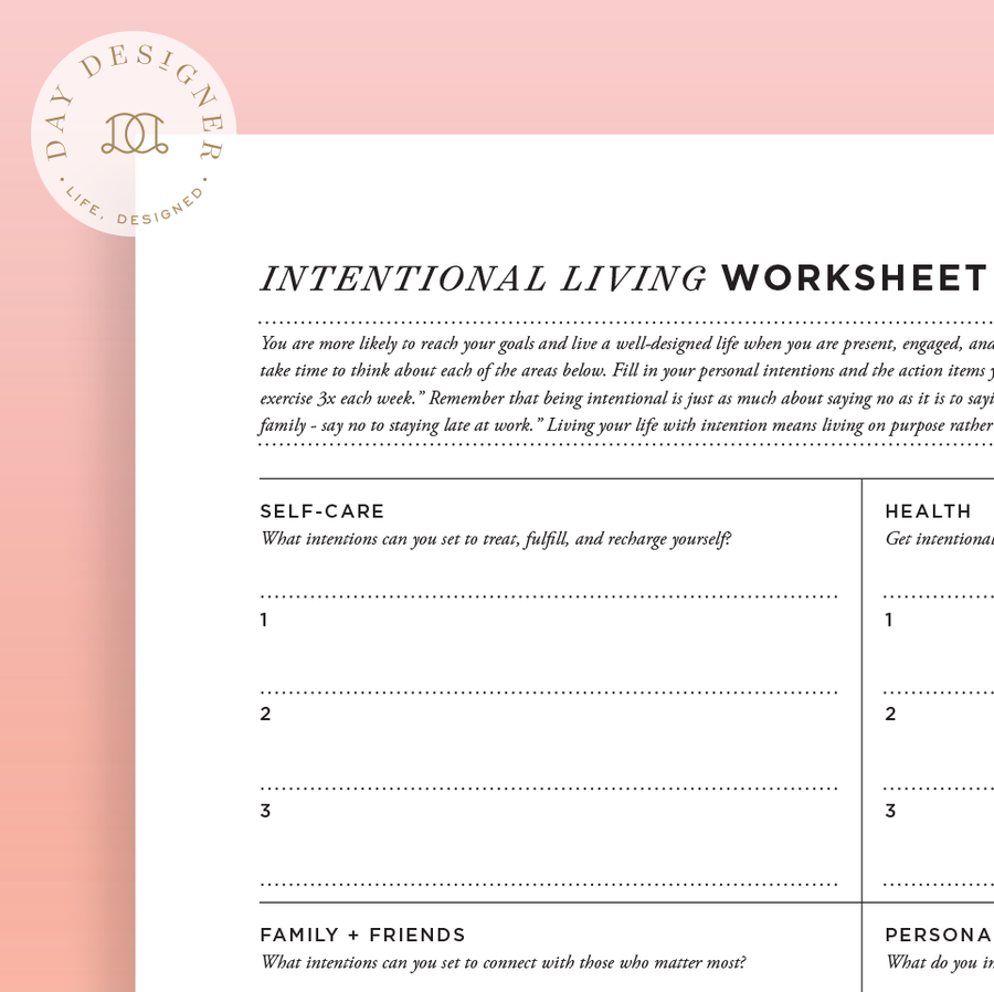 Free Intentional Living Worksheet Printable on a pink background