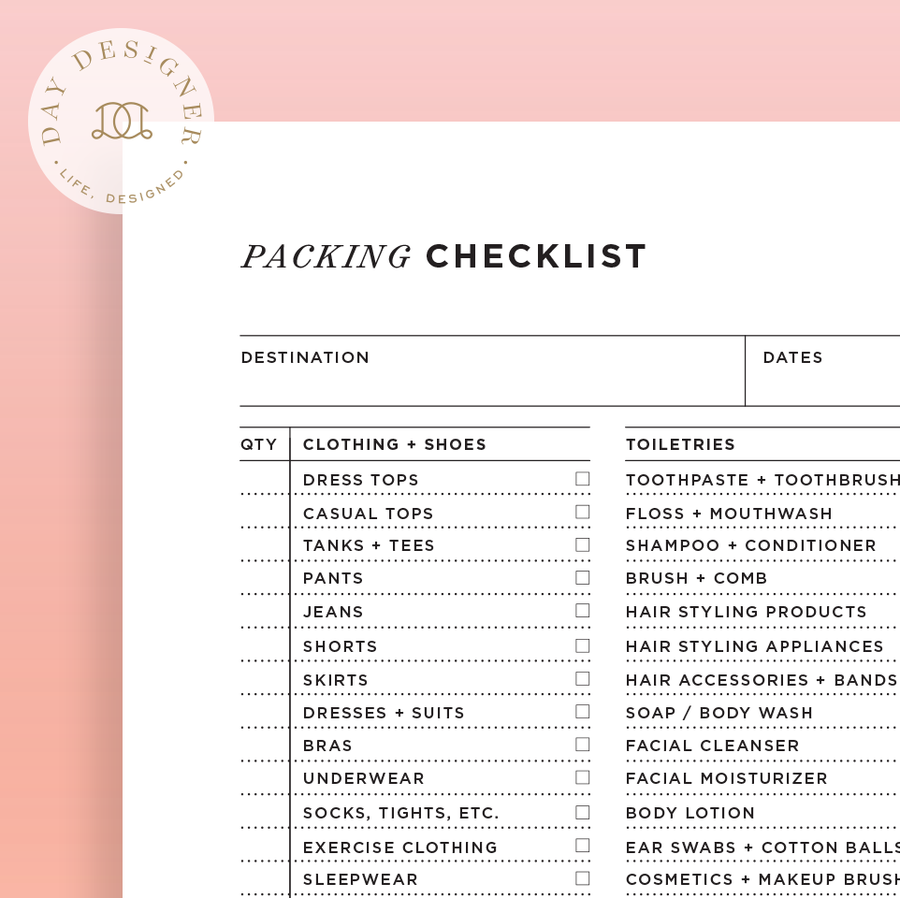 Close up image of packing checklist printable on a pink background