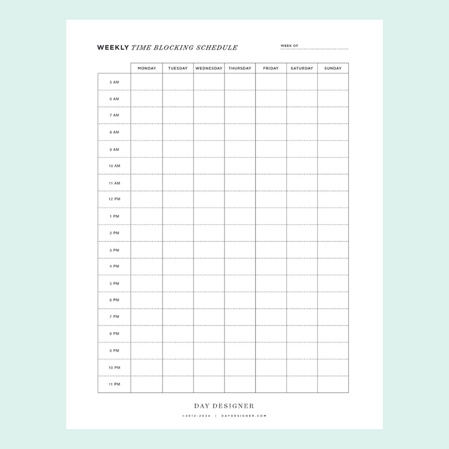 Image of weekly time blocking schedule printable on a mint background