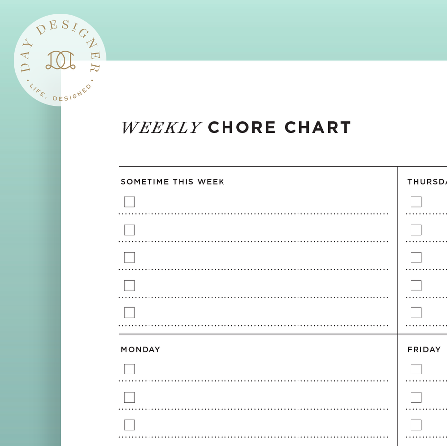 Close up mage of weekly chore chart printable on a mint background