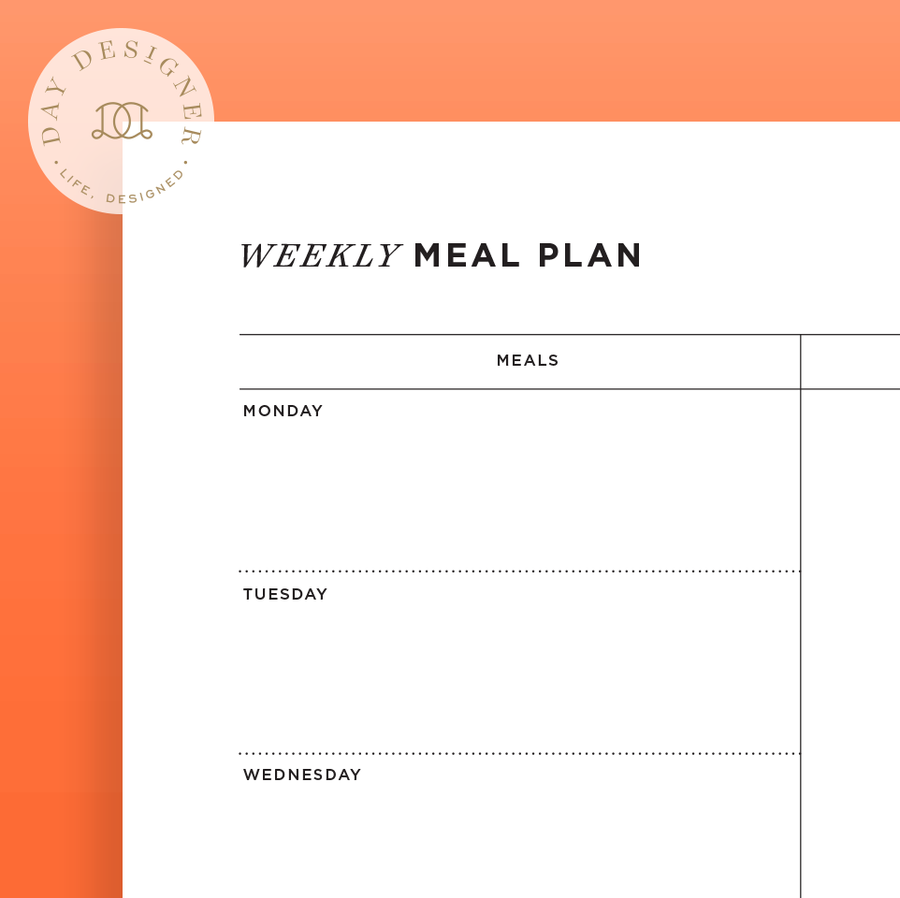 close up Image of weekly meal planning printable on an orange background