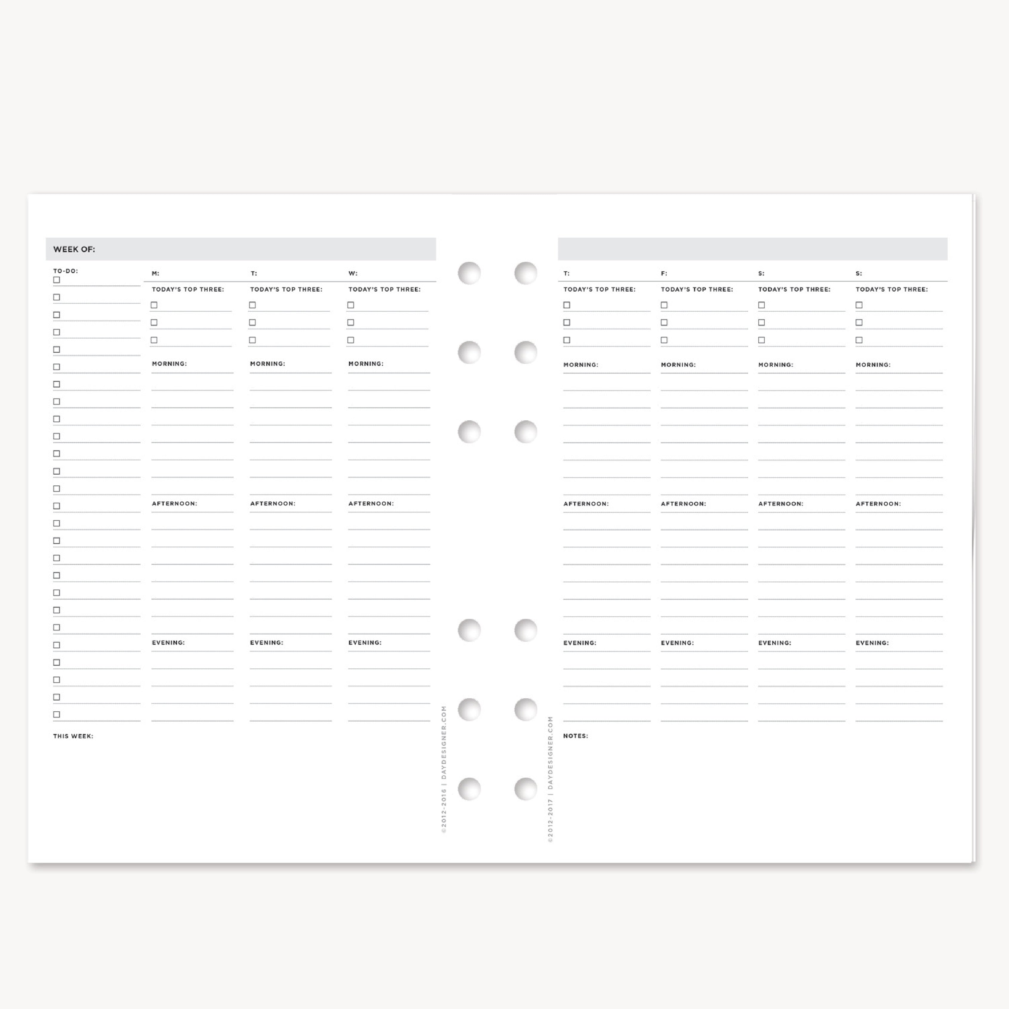 Printable A5 Size Undated Week on Two Pages Planner Inserts 