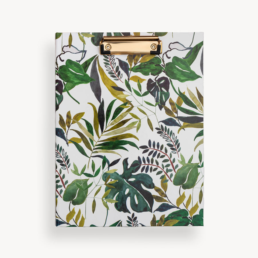 tropical pattern clipfolio with gold clip on a white background